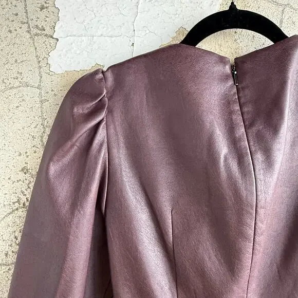 Rebecca Taylor Dress Faux Leather Mini Puff Sleeves Structured Cocktail  Party